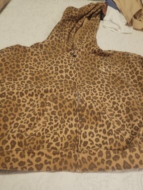 Pink Zip Front Hoodie Animal Print Size M Brown Black
